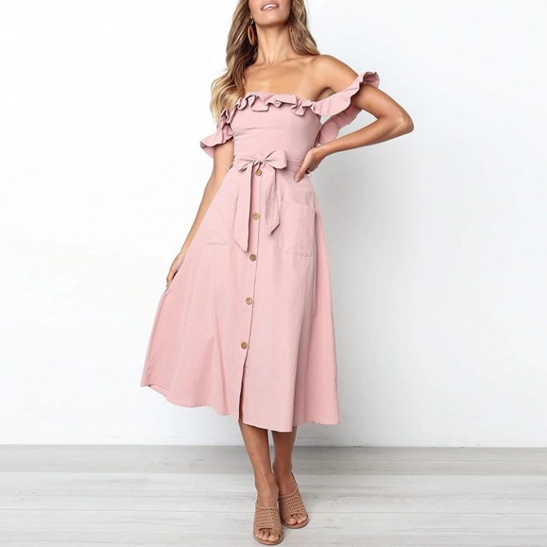 Vintage Ruffle Sexy Off Shoulder Sashes Midi Dress - Image 2