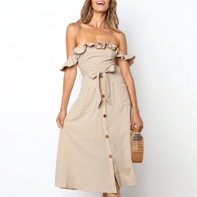 Vintage Ruffle Sexy Off Shoulder Sashes Midi Dress - Image 3