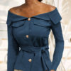 Bardot Tops  off The Shoulder Buttons Long Sleeves Sexy Tops - Image 2