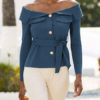 Bardot Tops  off The Shoulder Buttons Long Sleeves Sexy Tops - Image 3