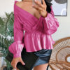 Blouse Layered Pleated Lace Up V Neck Sexy Long Sleeves Polyester Tops