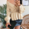 Blouse Layered Pleated Lace Up V Neck Sexy Long Sleeves Polyester Tops - Image 2