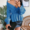 Blouse Layered Pleated Lace Up V Neck Sexy Long Sleeves Polyester Tops - Image 4