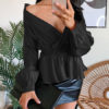 Blouse Layered Pleated Lace Up V Neck Sexy Long Sleeves Polyester Tops - Image 7
