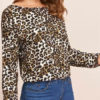 Blouse Leopard Print Bateau Neck Casual Long Sleeves Polyester Tops - Image 2