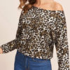 Blouse Leopard Print Bateau Neck Casual Long Sleeves Polyester Tops - Image 3