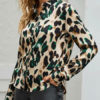 Blouse Leopard Print Jewel Neck Casual Long Sleeves Polyester Tops - Image 3