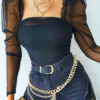 Blouse Polyester Scoop Neck Sexy Pleated Long Sleeves Tops