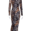 Bodycon Leopard Print Jewel Neck Sexy Long Sleeves Pencil Dress - Image 2