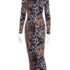 Bodycon Leopard Print Jewel Neck Sexy Long Sleeves Pencil Dress - Image 3