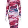 Bodycon Tie Dye Jewel Neck Sexy Long Sleeves Pencil Dress - Image 4