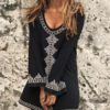 Bohemian Embroidery O-neck Long Sleeve Bikini Shirt Dress