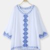 Bohemian Embroidery O-neck Long Sleeve Bikini Shirt Dress - Image 2