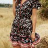 Bohemian Floral Print V-neck Short Sleeve Holiday Beach Mini Dress