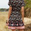 Bohemian Floral Print V-neck Short Sleeve Holiday Beach Mini Dress - Image 2