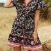 Bohemian Floral Print V-neck Short Sleeve Holiday Beach Mini Dress - Image 3