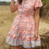 Bohemian Floral Print V-neck Short Sleeve Holiday Beach Mini Dress - Image 6