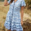 Bohemian Floral Print V-neck Short Sleeve Holiday Beach Mini Dress - Image 4