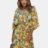 Casual Floral Print V-neck Drawstring Waist Shirt Dress