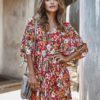 Casual Floral Print V-neck Drawstring Waist Shirt Dress - Image 3