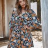 Casual Floral Print V-neck Drawstring Waist Shirt Dress - Image 4