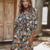 Casual Floral Print V-neck Drawstring Waist Shirt Dress - Image 5