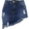 Denim Skirt Self Fringe Irregular Hem Bottoms - Image 5