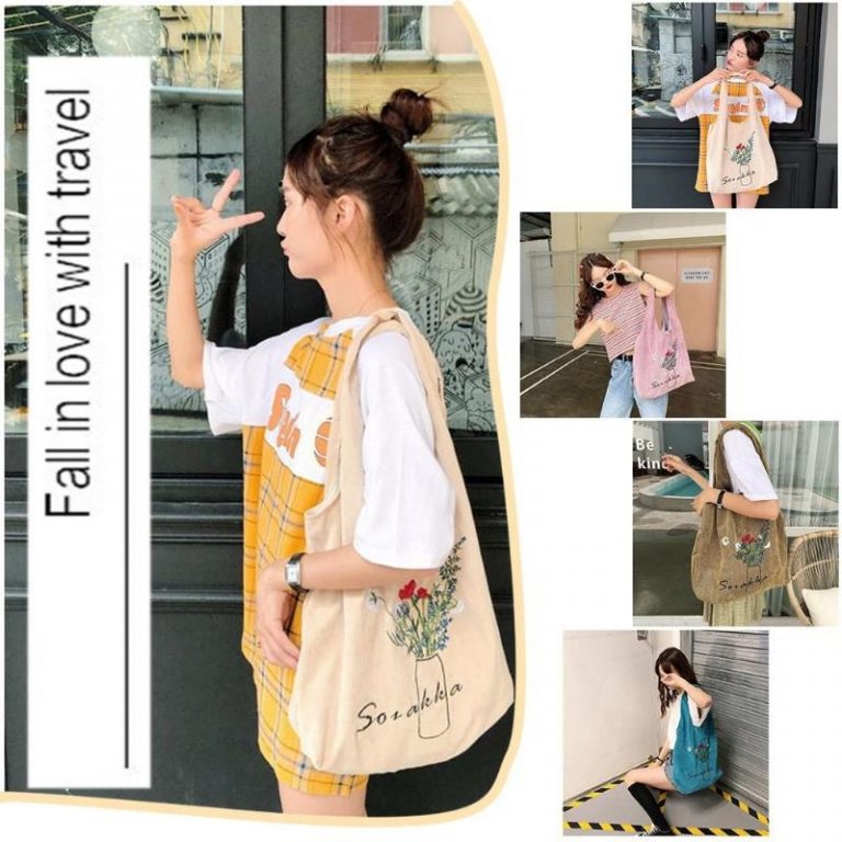 Flower Print Simple Large Capacity Durable Corduroy Casual Shopping bags - Image 2