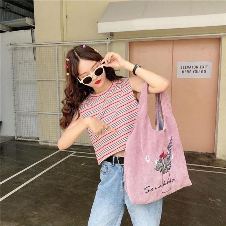 Flower Print Simple Large Capacity Durable Corduroy Casual Shopping bags