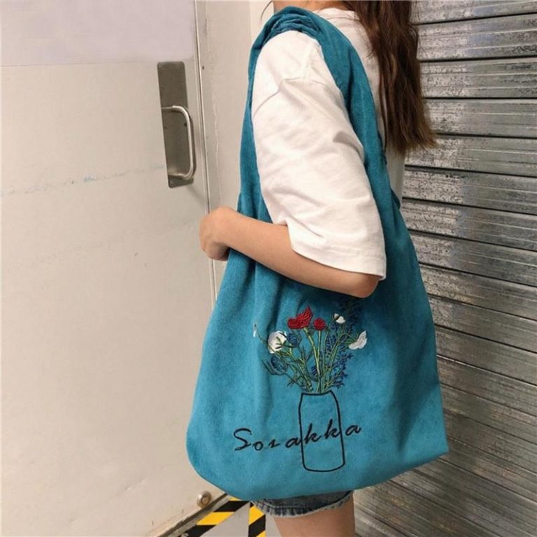 Flower Print Simple Large Capacity Durable Corduroy Casual Shopping bags - Image 7