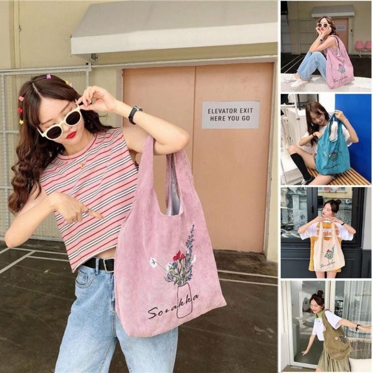 Flower Print Simple Large Capacity Durable Corduroy Casual Shopping bags - Image 6