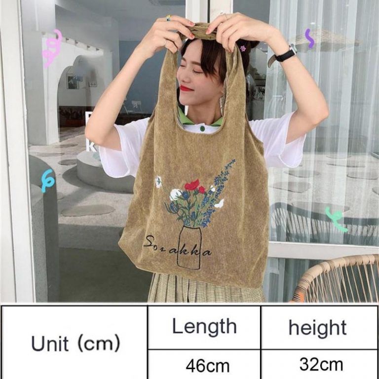 Flower Print Simple Large Capacity Durable Corduroy Casual Shopping bags - Image 3