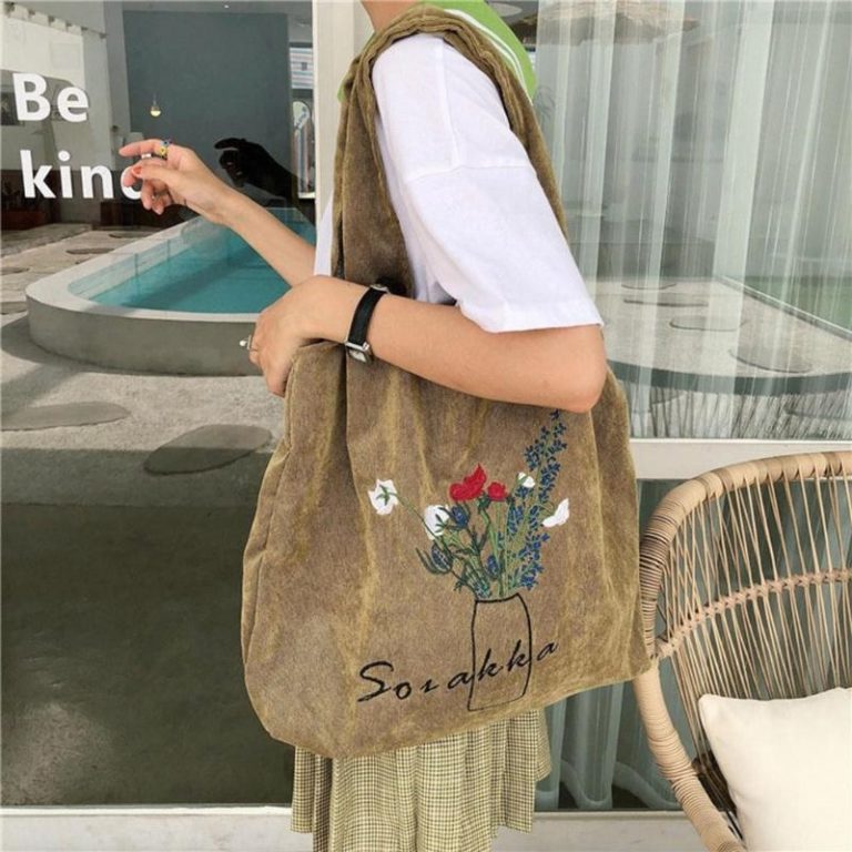Flower Print Simple Large Capacity Durable Corduroy Casual Shopping bags - Image 4