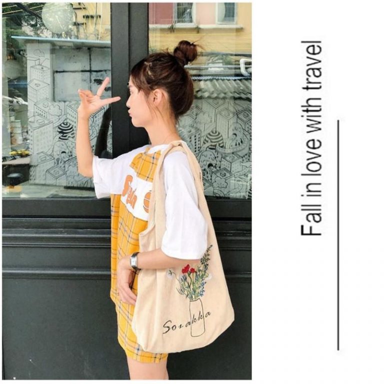 Flower Print Simple Large Capacity Durable Corduroy Casual Shopping bags - Image 5