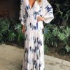 Feather Print Batwing Sleeve V-neck Maxi Dress