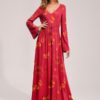 Floral V Neck Waist Tie Long Sleeves Maxi Print Dress - Image 3
