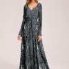 Floral V Neck Waist Tie Long Sleeves Maxi Print Dress - Image 7