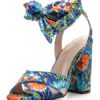 High Heel Sandals Open Toe Floral Printed Lace Up Block Heel Sandal Shoes - Image 2