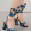 High Heel Sandals Open Toe Floral Printed Lace Up Block Heel Sandal Shoes - Image 3