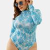 High Neck Printed Long Sleeve Tight Swimwear - Image 5