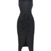 Jewel Neck Pleated Knotted Casual Sleeveless Pencil Bodycon Dress - Image 2