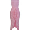Jewel Neck Pleated Knotted Casual Sleeveless Pencil Bodycon Dress - Image 6