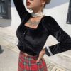 Long Sleeve Lace Velvet Casual Ruffle Button Short Shirt