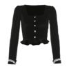 Long Sleeve Lace Velvet Casual Ruffle Button Short Shirt - Image 15