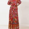 Maxi Dresses Floral Print Bateau Neck Ruffles Bohemian Dress Cotton Blend Floor Length Dress