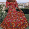 Maxi Dresses Floral Print Bateau Neck Ruffles Bohemian Dress Cotton Blend Floor Length Dress - Image 2