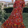 Maxi Dresses Floral Print Bateau Neck Ruffles Bohemian Dress Cotton Blend Floor Length Dress - Image 3