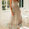 Maxi Dresses Sleeveless Floral Print Straps Neck Bohemian Dress Drawstring Long Dress