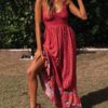 Maxi Dresses Sleeveless Floral Print Straps Neck Bohemian Dress Drawstring Long Dress - Image 7