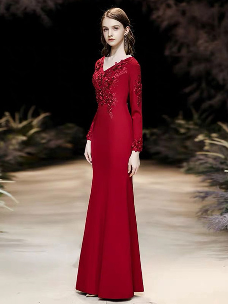 Mermaid V Neck Floor Length Long Sleeves Zipper Flowers Matte Satin Formal Party Evening Dresses - Image 2